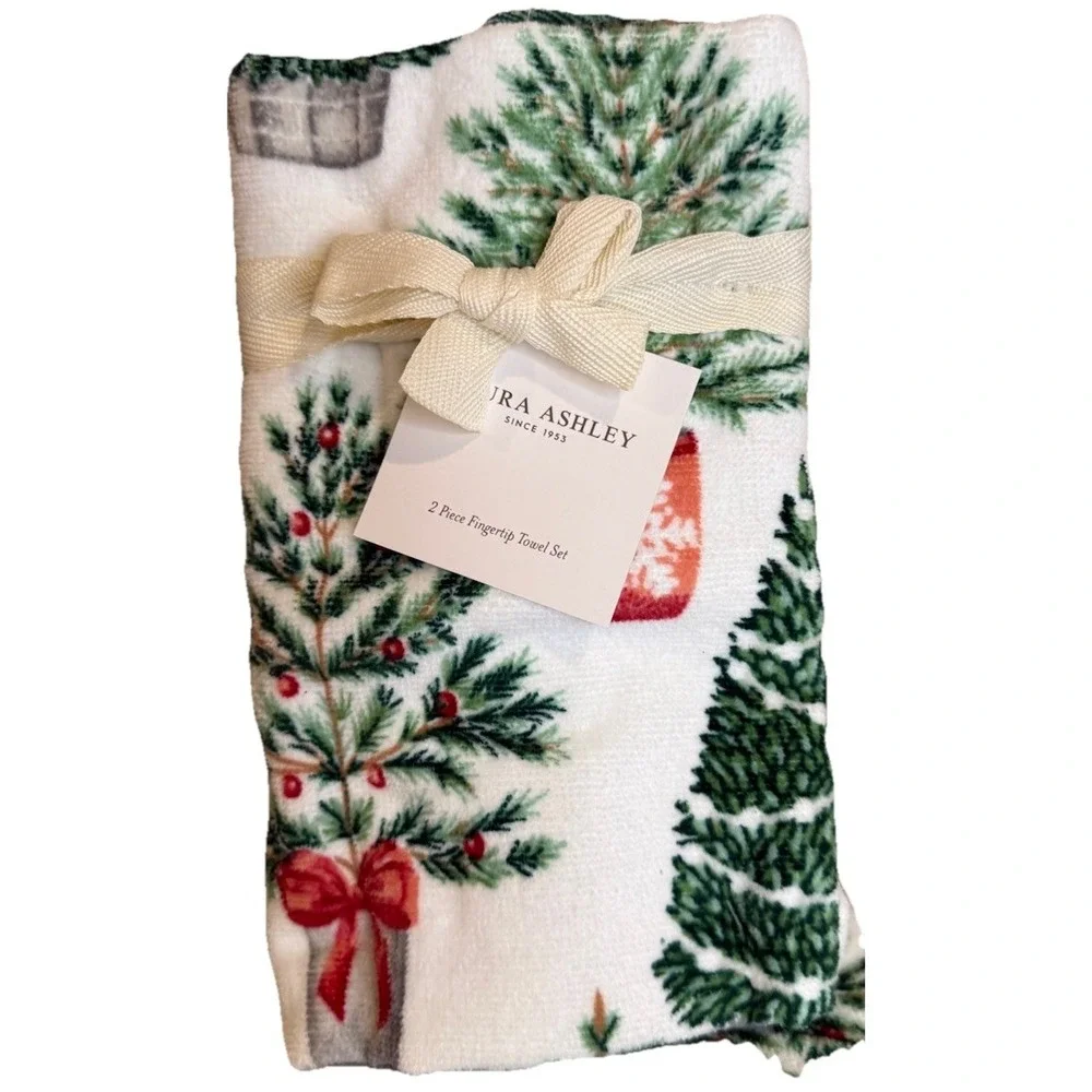 Laura Ashley 6‎ Piece Bathroom  Towel Set Holiday Trees 100% Cotton Velour NEW